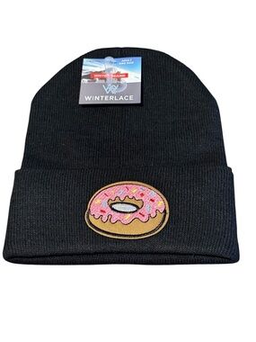 Black Beanie with Pink Donut Patch -